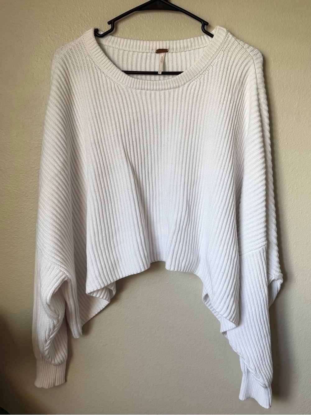 Free People White Ribbed Cropped Sweater Dolman Sleeve Oversized Boho Cozy S